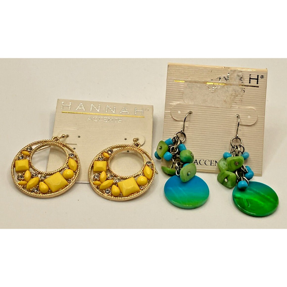 New With Tags! Hannah Accents 2 Dangle Earrings Lot! One Yellow & One Blue/Green - Picture 2 of 6